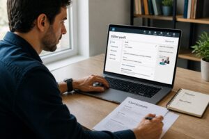 A Spanish professional edits a LinkedIn profile on a laptop while reviewing a printed resume at a desk