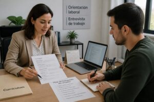 A career counselor meets with a man in an office and reviews his resume while he takes notes.