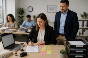 A professional woman in a Spanish office organizes repetitive paperwork with a checklist and color coded notes while a supervisor observes.