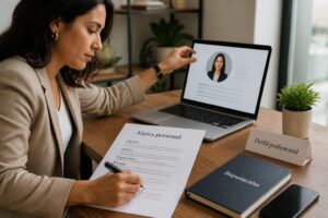 A professional person reviews a personal branding plan in Spanish while updating a networking profile on a laptop at an office desk.