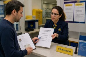 A Spanish job seeker hands application documents to a postal employee at a Correos post office counter.