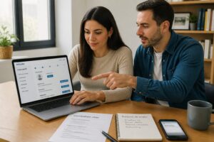 A Spanish woman and man create an InfoJobs profile on a laptop while reviewing a printed resume at a desk