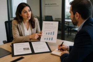 A professional woman explains her work achievements using a printed report while a manager takes notes in an office meeting room.