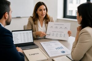 A professional woman in an office meeting shows a performance report and project results to colleagues during a review discussion.