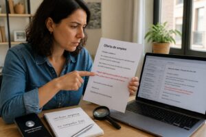 A woman in a home office reviews a suspicious job offer letter in Spanish while checking emails on her laptop and taking notes to verify the company.