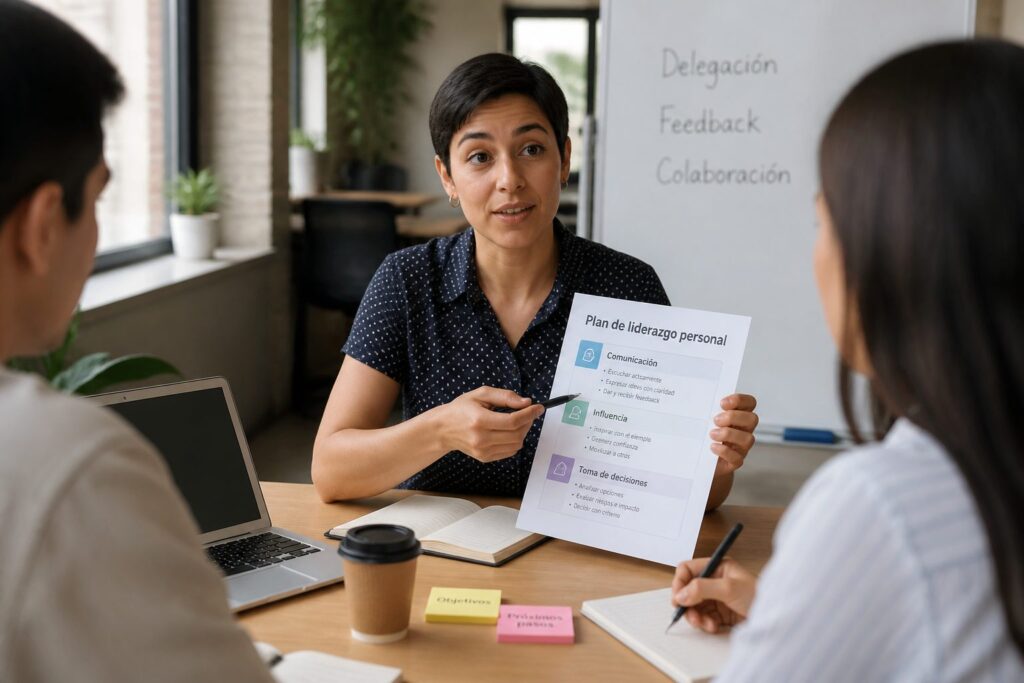A professional leads a small discussion at a coworking desk while pointing to a personal leadership plan document as colleagues listen.