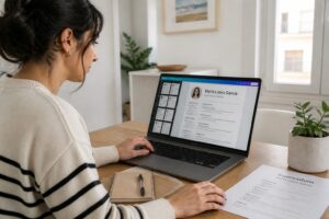 A Spanish woman edits a resume template in Canva on a laptop at a home office desk with a printed CV nearby.