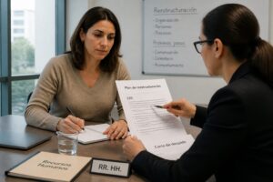 A professional woman reviews a restructuring document during a meeting with an HR manager in an office.