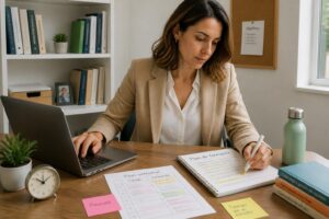 A Spanish professional woman works on a laptop while studying from a training notebook at a home office desk.