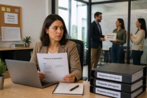 A woman in an office reads a Spanish performance review while a manager praises another coworker in the background.
