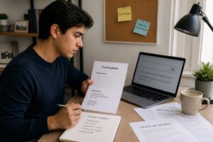 Young adult reviewing a resume with little experience while searching for jobs on a laptop at a home desk