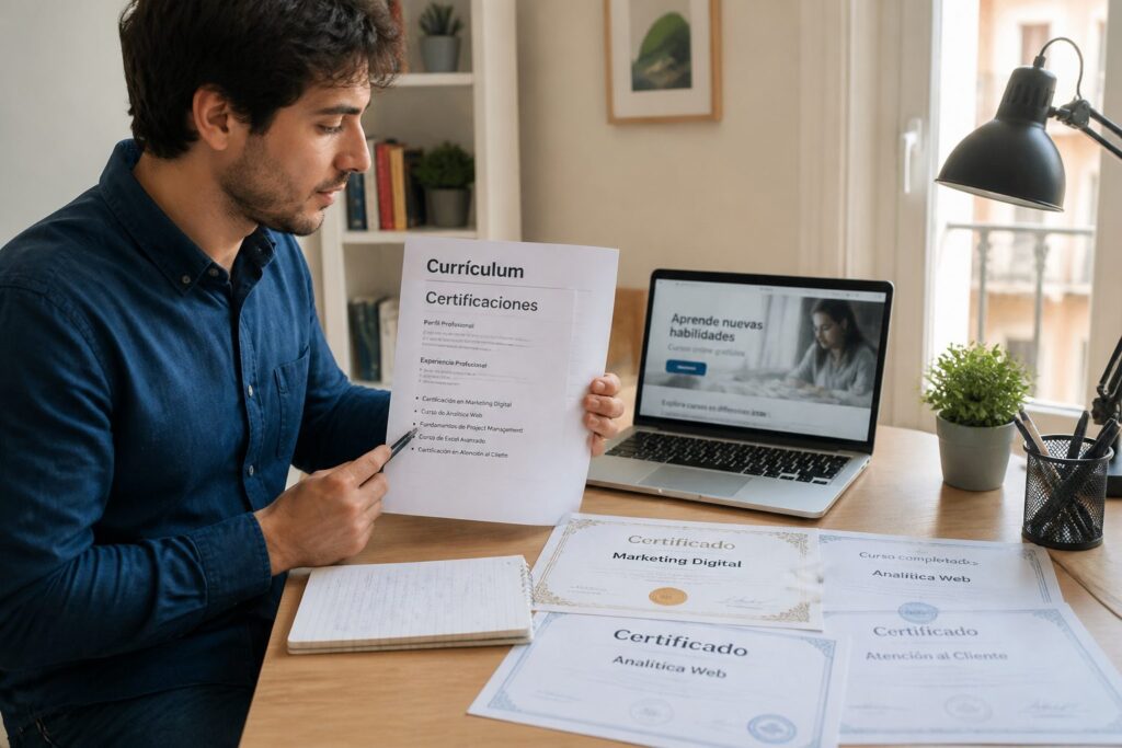 A Spanish professional reviews a resume and points to printed certification documents on a desk in a home office.