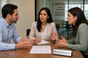 A professional woman mediates a tense discussion between two coworkers in an office meeting room