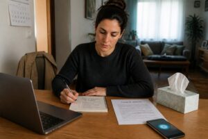 A Spanish woman sits at a kitchen table with a layoff letter and a job search notebook, calmly coping with unemployment stress.