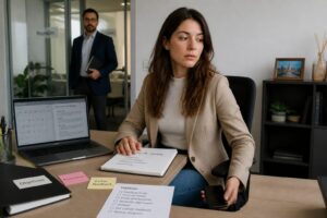 A professional woman in an office looks distracted by her phone while a manager waits near a meeting room door.
