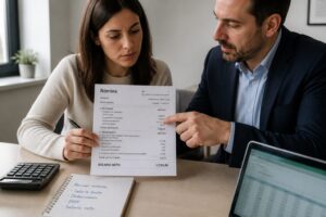 A woman reviews a Spanish payslip while a payroll advisor points to the deductions on the document