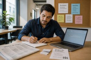 A man searches for job leads using a laptop while reviewing a Spanish newspaper job section and community job flyers on a desk.