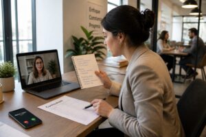 A Spanish woman reviews her resume at a desk while speaking with a career mentor on a laptop video call