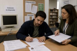 A man fills out a printed job application in a public library while a counselor points to paper job listings, with an offline computer nearby.
