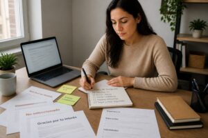 A woman at a home office desk reviews Spanish rejection letters and keeps applying for jobs on her laptop while taking notes.