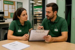A man and a woman in Mercadona uniforms review a work contract and job conditions document inside a supermarket staff area.