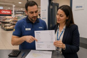 A Spanish Lidl employee and an HR supervisor review a Spanish payslip and discuss how the salary is calculated inside a Lidl store.