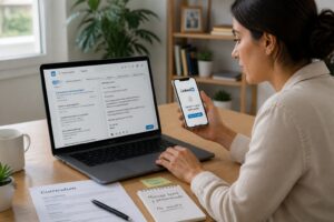 A professional woman uses LinkedIn on a laptop to search for jobs while drafting a short polite message to a contact at her desk.