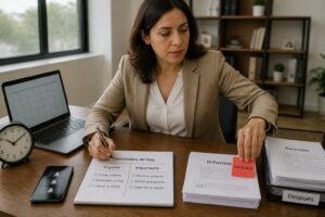 Office woman prioritizing urgent tasks using a planner and documents at her desk