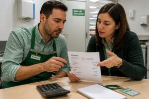 A Spanish supermarket employee in a Mercadona uniform reviews a Spanish payslip while an HR colleague explains the payroll concepts at a table.