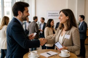A man and a woman in a coworking meetup shake hands and exchange a business card while talking professionally.