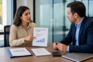 A professional woman presents a salary raise proposal document to her manager during a meeting in an office.