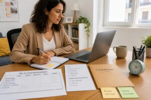 A woman in a home office organizes her job search with a planner, checklist, and laptop on a tidy desk