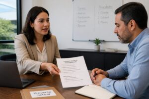 A professional woman in an office meeting hands her manager a document proposing new responsibilities while they talk calmly.