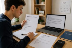 Young man at a home office desk writing notes and drafting an email in Spanish to request professional references, with a resume and a document titled Referencias profesionales.