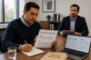 A professional man reviews a Spanish performance evaluation document and takes notes in a meeting room while a manager sits across the table.