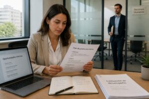 A professional woman in an office reviews a promotion plan document while a manager waits in the background.