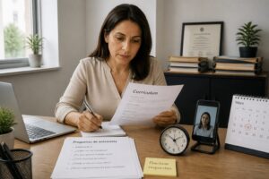 A woman at a home office desk reviews a resume and interview questions while practicing for a job interview after a long break.