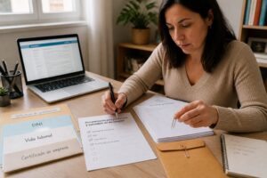 A woman organizes Spanish paperwork and checks a document list while preparing an unemployment benefits application at a desk.