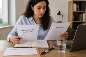 A woman reviews a selection test appointment letter and study notes at a desk while preparing for a job selection exam.