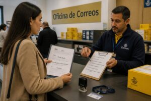 A woman hands job application documents to a postal employee at a Spanish post office counter.