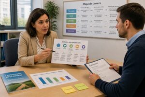 A career counselor in Spain points to a printed chart of growing job sectors while a man reviews his resume at a desk