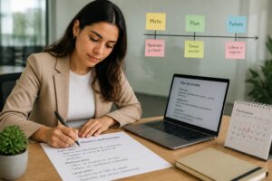A professional woman writes long term career goals on a worksheet at her desk while planning on a laptop.