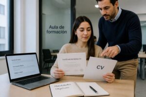 A Spanish woman shows a training certificate while a career advisor points to her resume folder at a desk