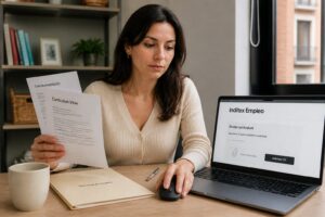 A Spanish woman submits her resume to Inditex on a laptop while holding printed CV documents at a desk