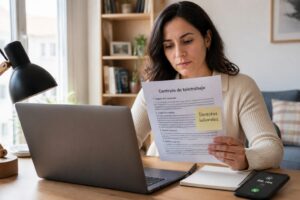 A woman in Spain works from home on a laptop while reviewing a Spanish telework contract document about labor rights