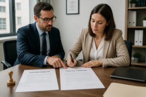 A woman signs a permanent employment contract while an HR manager reviews a temporary contract on the table in an office.