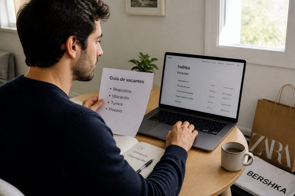 A Spanish job seeker reviews Inditex job openings on a laptop while holding a printed vacancy checklist at a desk