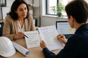 A career coach and a professional review a resume and a page labeled habilidades transferibles while planning a job change to a new industry.