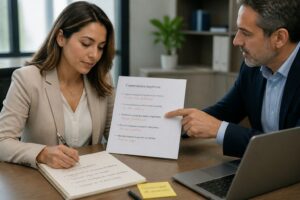 A professional woman reviews a negative feedback document and writes an improvement plan while a manager points to the notes in an office meeting.