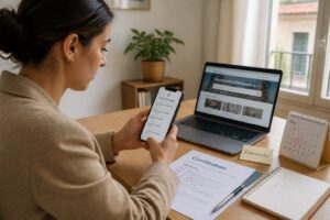 A Spanish woman at a desk uses her smartphone to search and apply for jobs next to a laptop and a printed CV.
